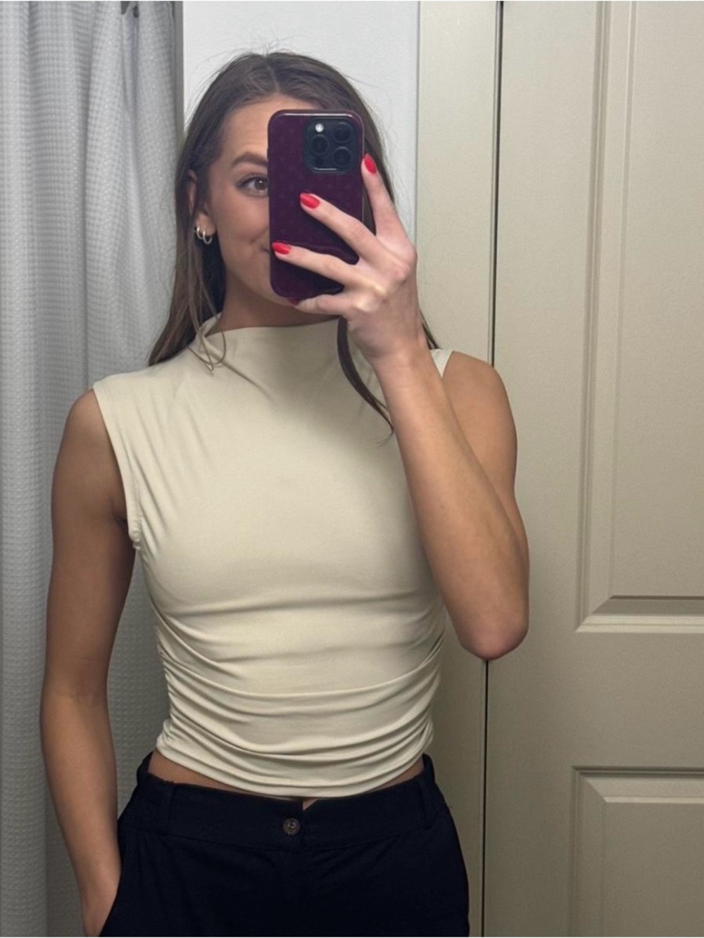 SHEIN Cream Mock Neck Ruched Tank Top